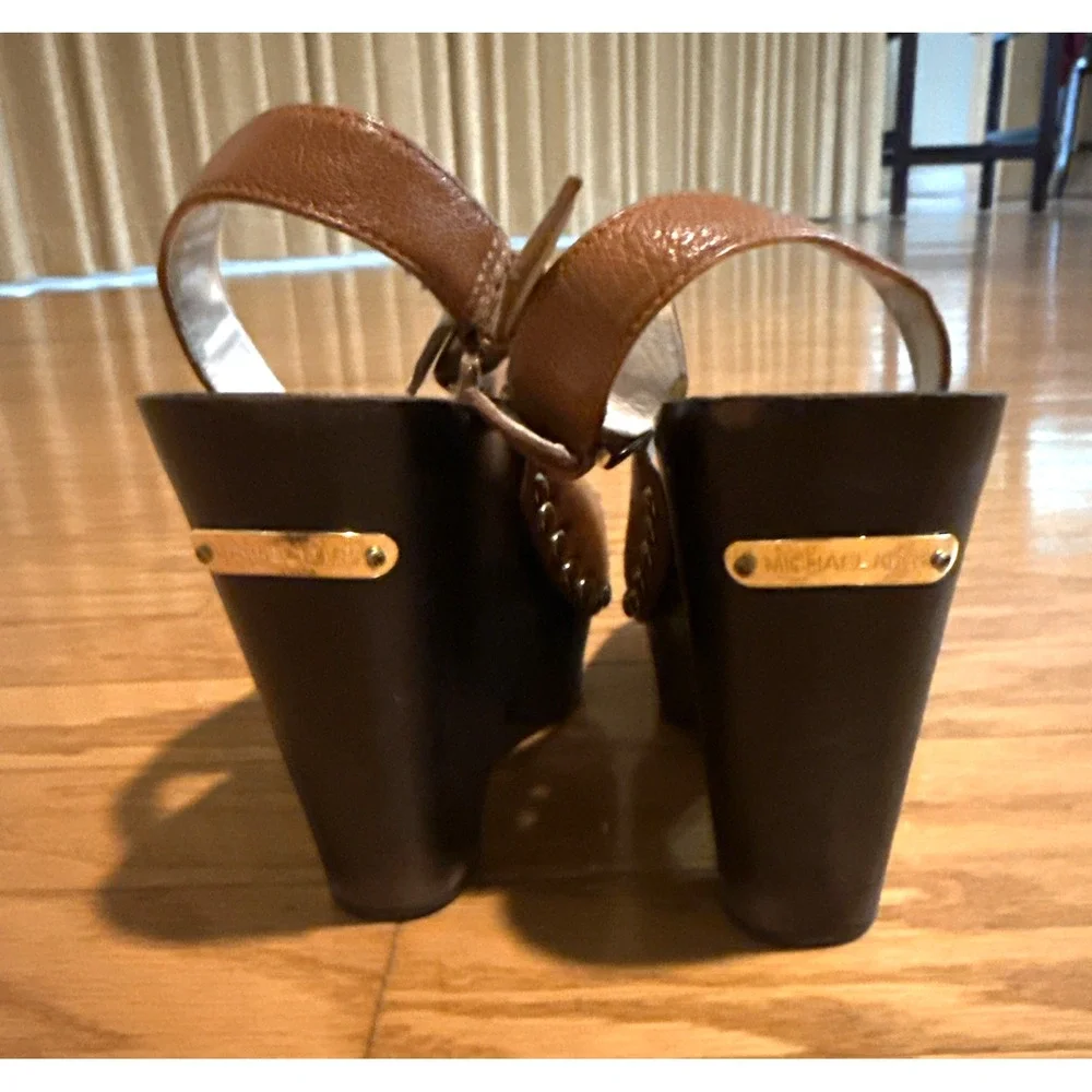 Michael Kors Brown Leather Wedge Slingback Heels Studded Logo Open Toe Sz 8